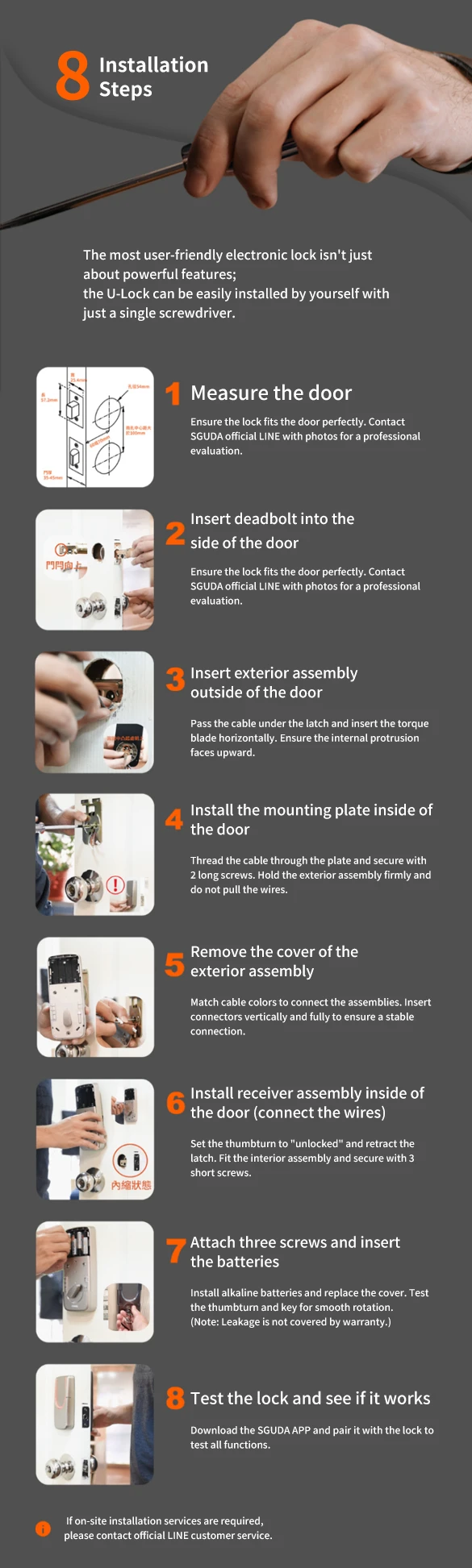 SGUDA U-Lock 8-step smart lock installation guide, from door measurement and lock installation to battery setup and App pairing.