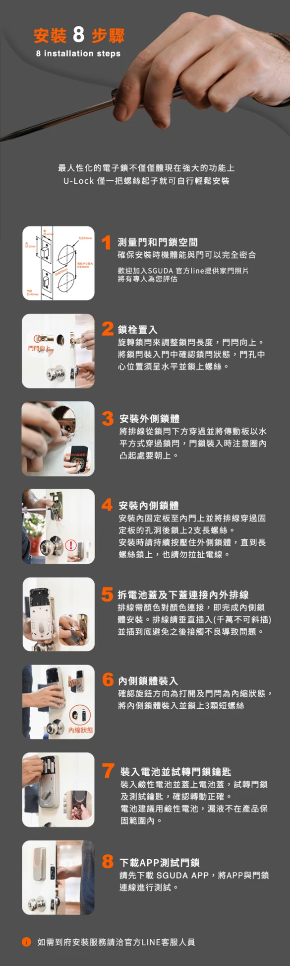 SGUDA U-Lock 電子鎖 8 步驟安裝指南，包含門片測量、鎖體安裝、電池安裝及 SGUDA App 配對。
